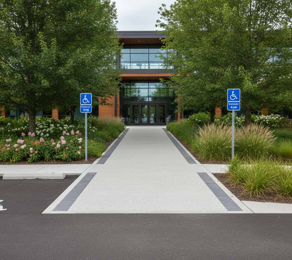 Chemin d’accès piéton respectant les normes d’accessibilité PMR pour un établissement recevant du public.