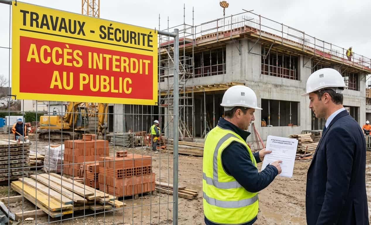 Image d’un expert assurance présentant une attestation Tous Risques Chantier (TRC) sur un chantier de construction