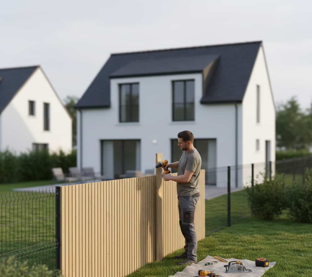 Installation d’un brise-vue en bois dans un jardin privé avec clôture mitoyenne et maison individuelle