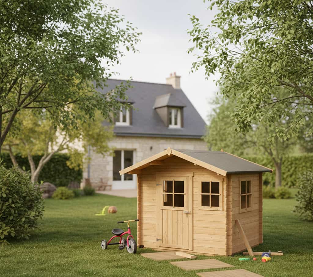 Cabane d’enfant en bois dans un jardin privé respectant la réglementation d’urbanisme sans déclaration préalable en France.