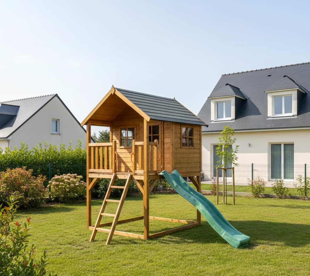 Cabane d’enfant sur pilotis dans un jardin nécessitant une déclaration préalable selon la surface et la hauteur en urbanisme français.
