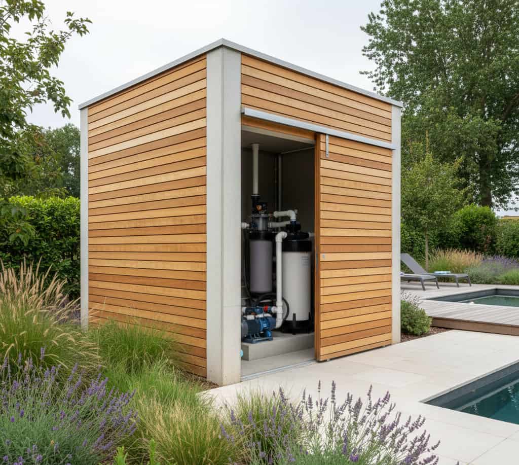 un petit local technique de piscine en béton clair et bois, situé dans un jardin pavillonnaire français,