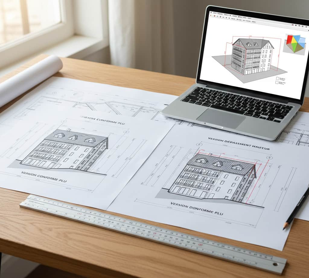 Plans comparatifs montrant un dépassement de hauteur nécessitant une dérogation au PLU