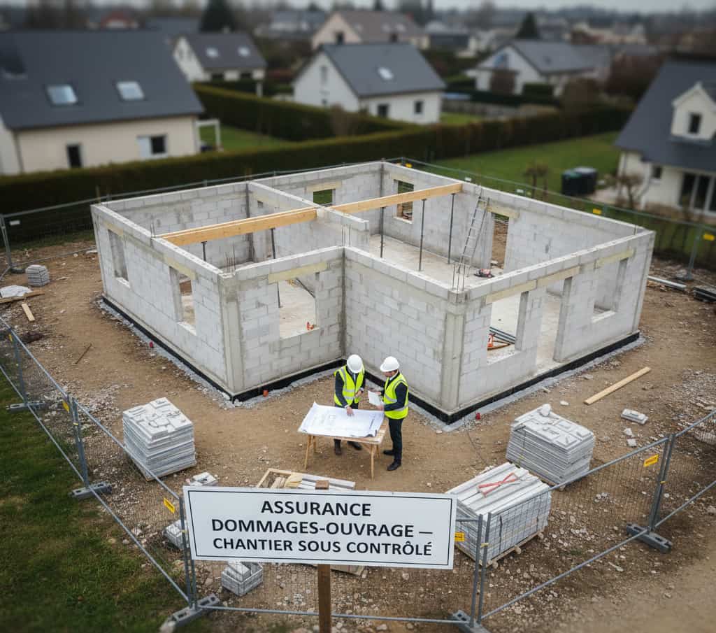 Image d’un chantier de construction de maison avec architecte vérifiant les plans liés à l’assurance dommages-ouvrage