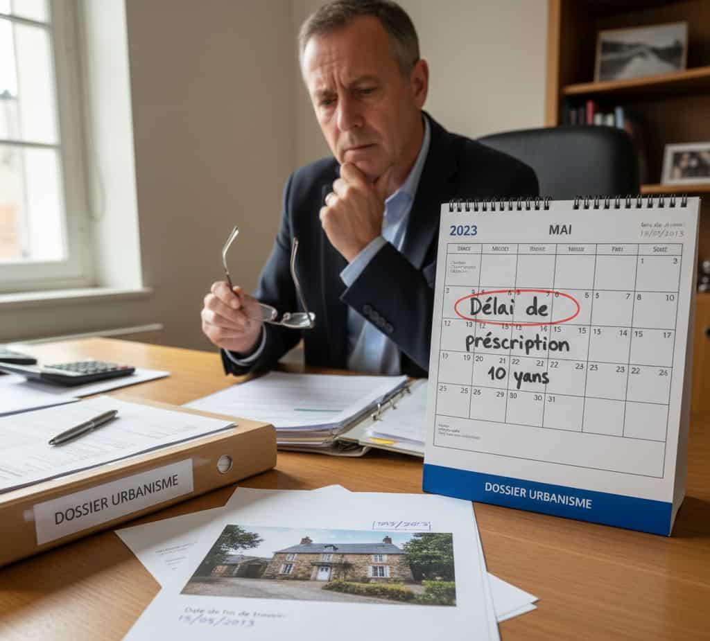 Documents de prescription de 10 ans pour une construction non déclarée en urbanisme, montrant le calcul du délai depuis l’achèvement des travaux et les règles de prescription