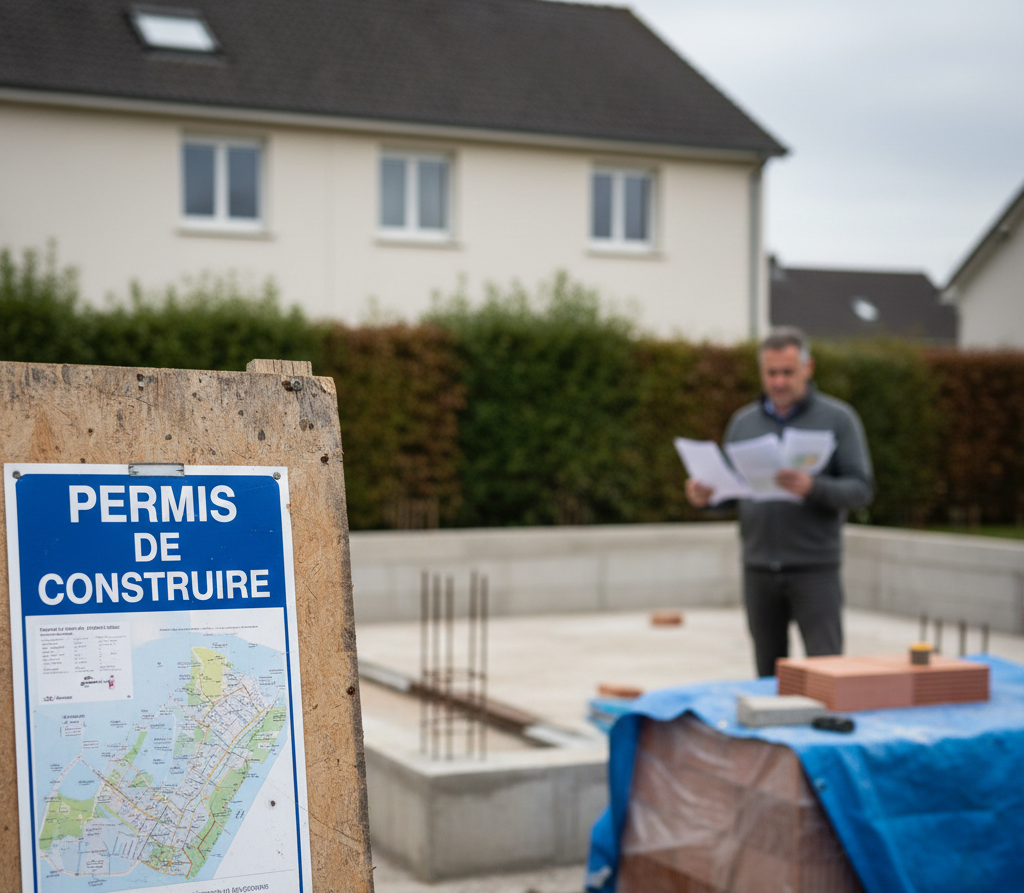 Recours abusif d’un voisin contre un permis de construire avec chantier suspendu et panneau réglementaire.