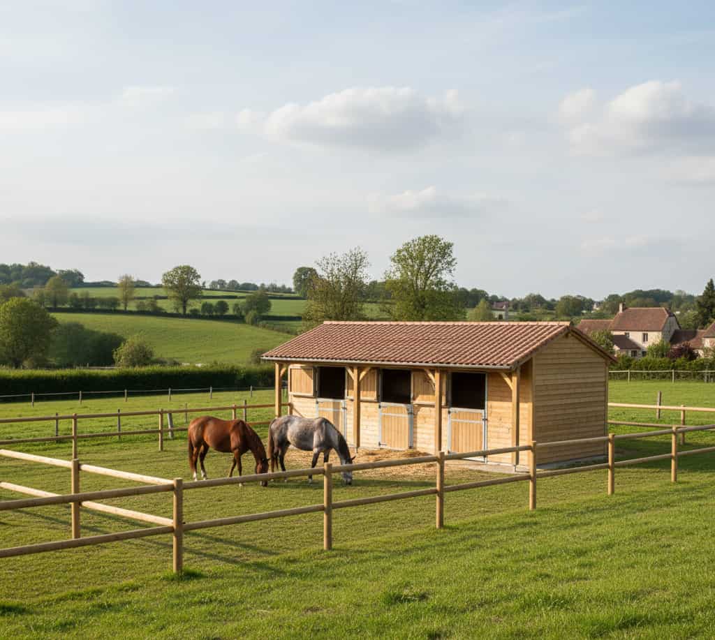 Construction récente d'une petite écurie en bois avec boxes pour chevaux dans un pré
