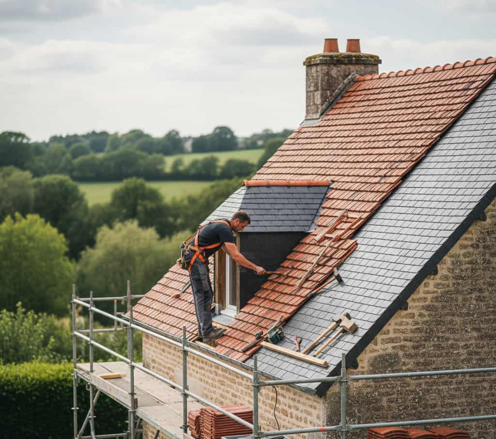 Changement de couverture toiture en tuiles et ardoises avec artisan couvreur et échafaudage sécurisé.