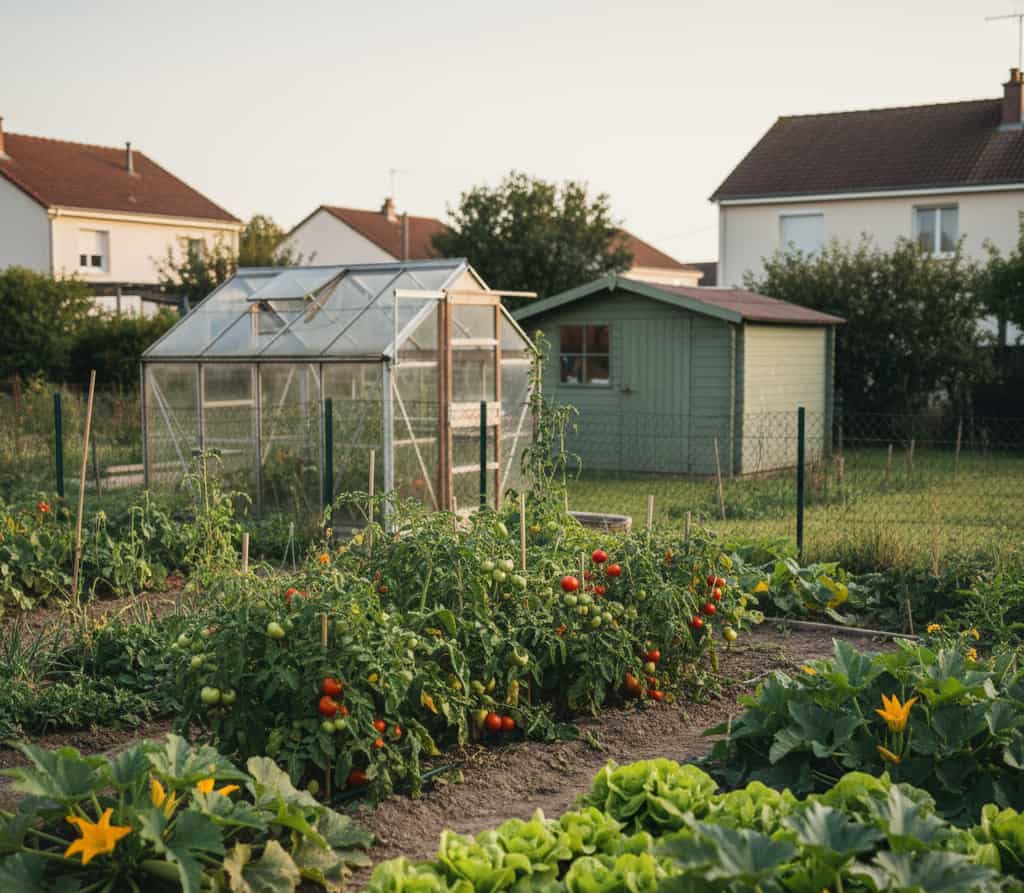 Potager en pleine terre avec petite serre et abri de jardin soumis à déclaration préalable d’urbanisme