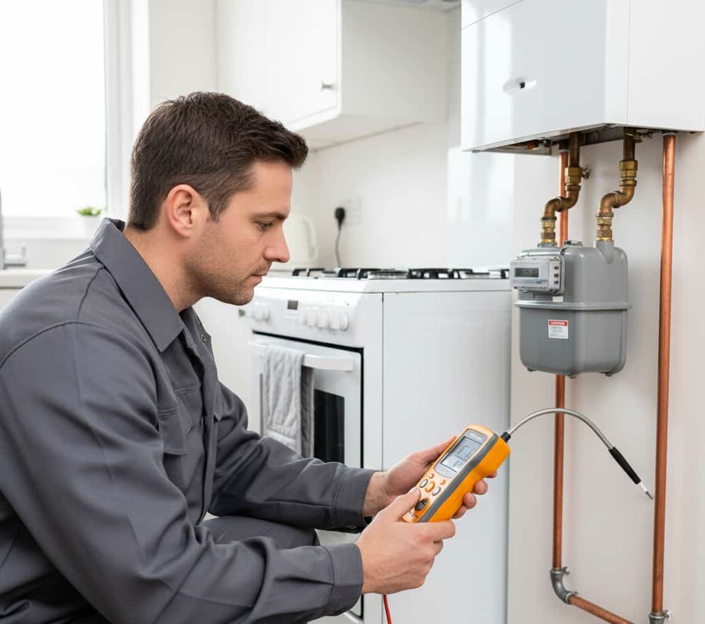 Diagnostiqueur immobilier réalisant un contrôle de sécurité avec un détecteur de fuite pour le diagnostic gaz obligatoire