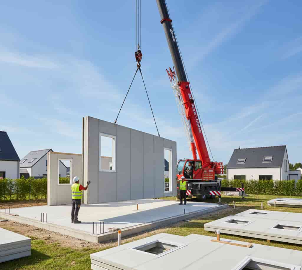 Maison préfabriquée en cours de montage sur chantier avec modules assemblés