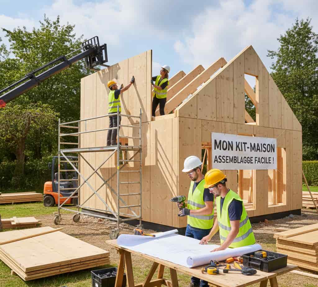 Un individu ou un groupe d'auto-constructeurs travaille sur l'assemblage d'une maison en kit dans un grand jardin. La structure de la maison commence à prendre forme, avec des panneaux préfabriqués en bois ou en métal, et des plans de construction sont posés sur une table. L'image montre un environnement de chantier avec des équipements de sécurité et un focus sur les éléments du kit, avec des plans du projet à proximité.