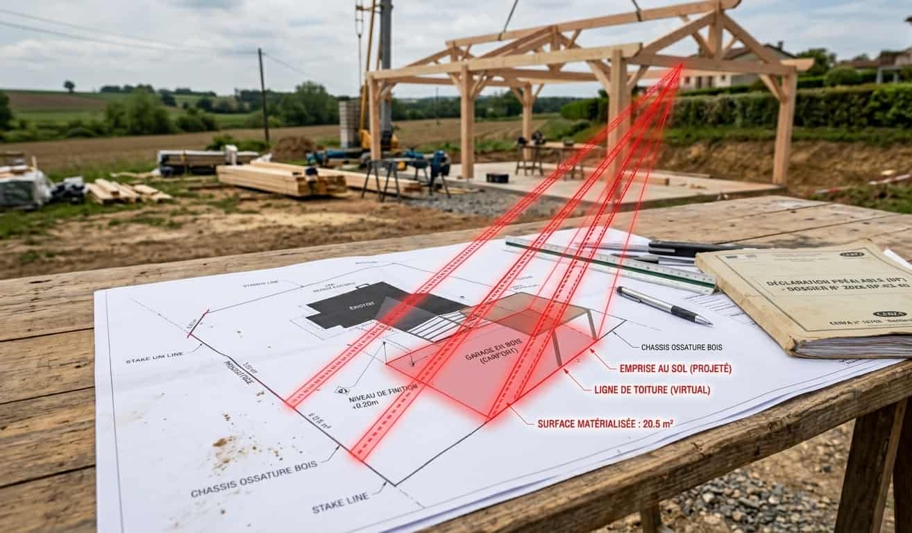 Plan de masse d'architecte illustrant le calcul de l'emprise au sol d'un garage avec le formulaire CERFA 2026.