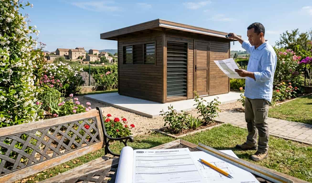 Mesure de l'emprise au sol hors-tout d'un abri de jardin pour dossier de déclaration préalable.