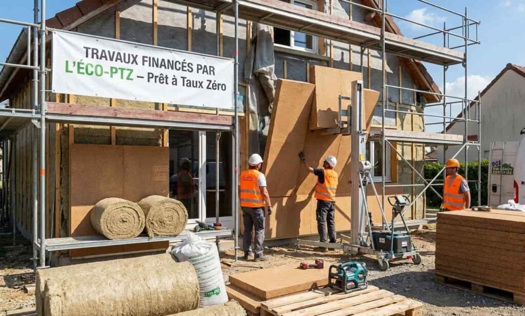 Chantier de rénovation énergétique avec isolation de façade financée par l'éco-PTZ, réalisé par une entreprise certifiée RGE.