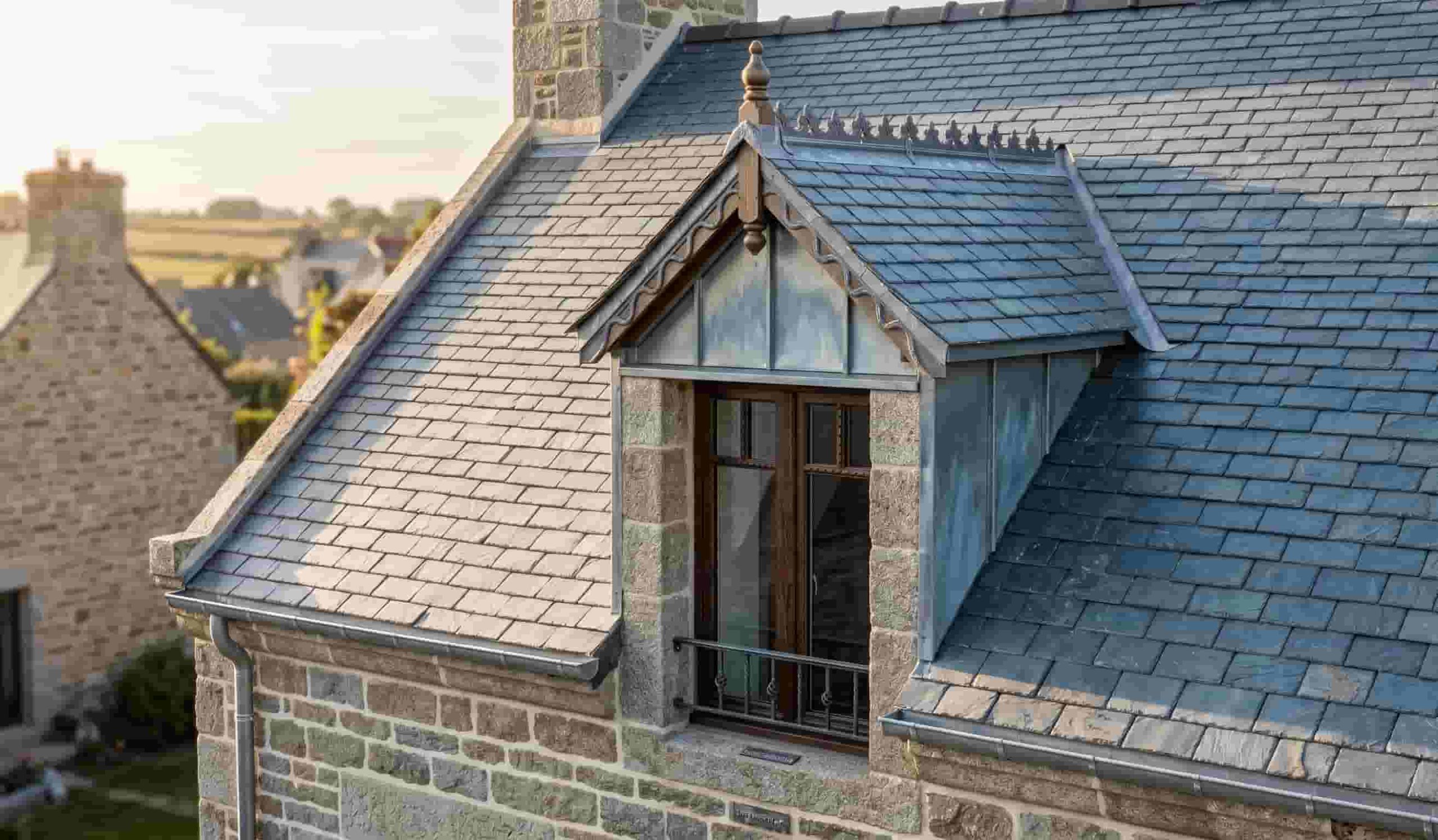 Lucarne jacobine traditionnelle avec toit à deux pentes sur une couverture en ardoise naturelle.