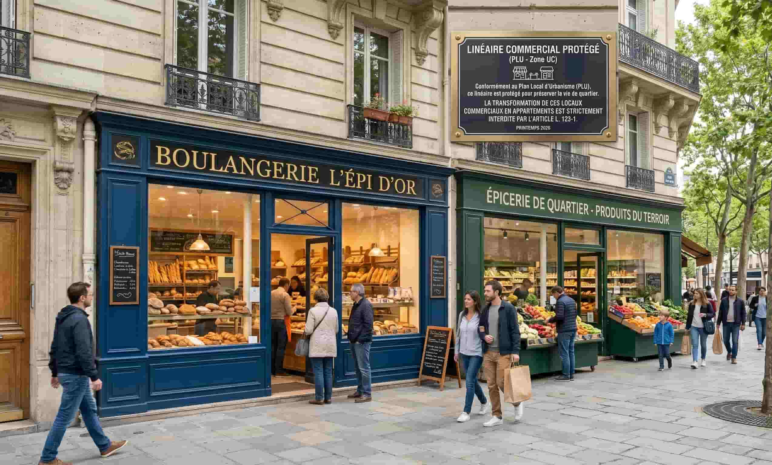 Rez-de-chaussée commercial actif en zone urbaine protégé par le plan local d'urbanisme.