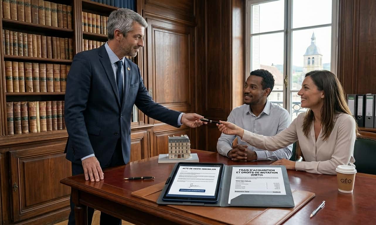 Signature d'un acte de vente immobilier chez le notaire et règlement des DMTO.