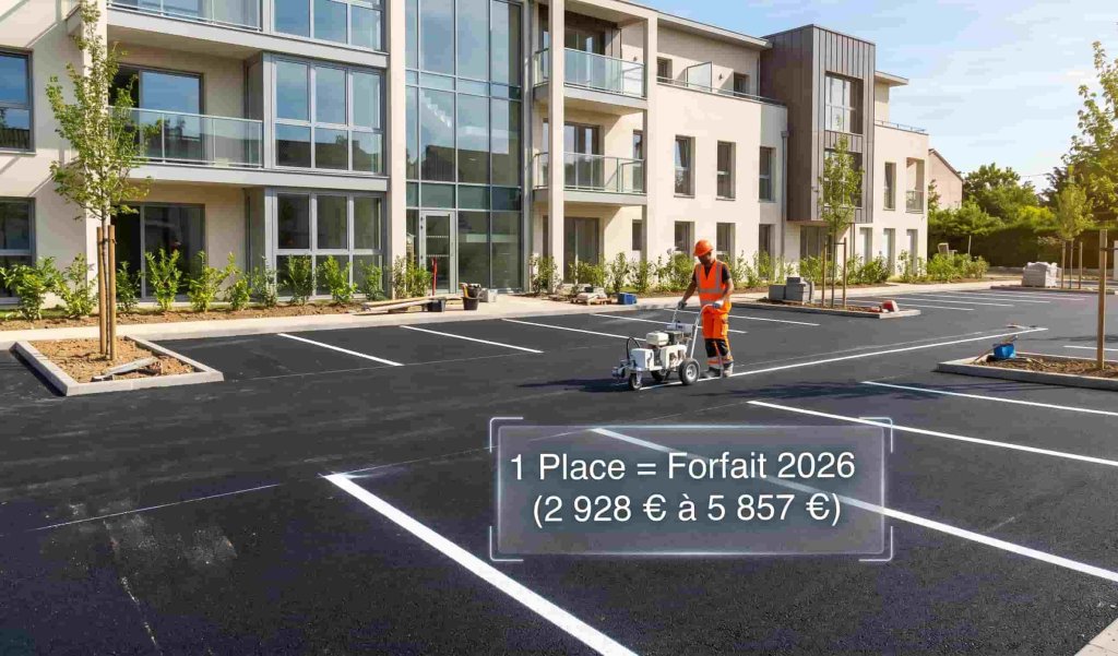 Traçage au sol de places de stationnement extérieur soumises à la taxe d'aménagement 2026 sur la base du forfait unitaire par emplacement selon l'article 1635 quater H du CGI.