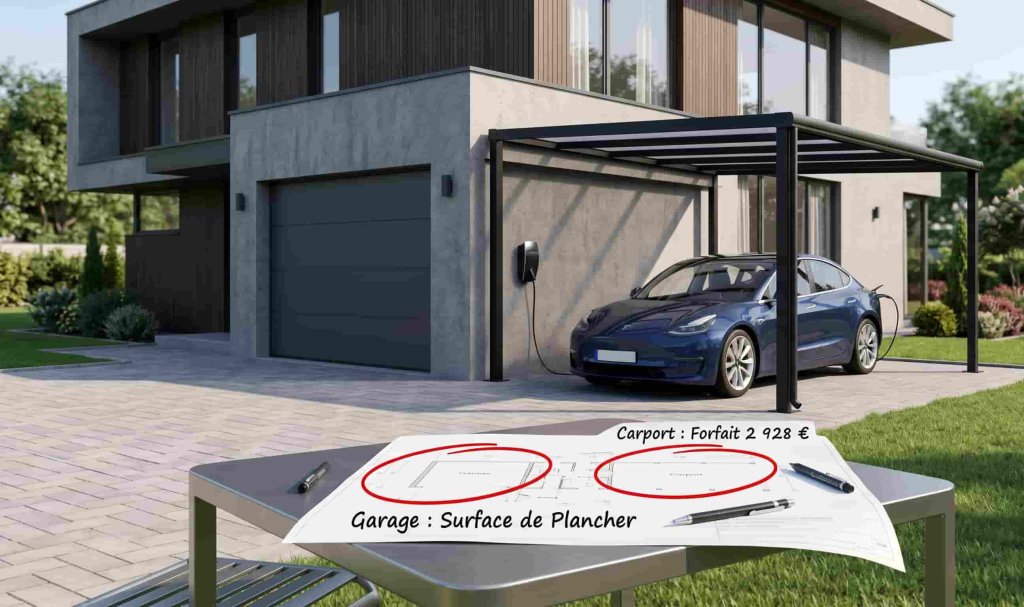 Différence de taxe d'aménagement en 2026 entre un garage clos taxé au mètre carré et un carport soumis au forfait par emplacement.