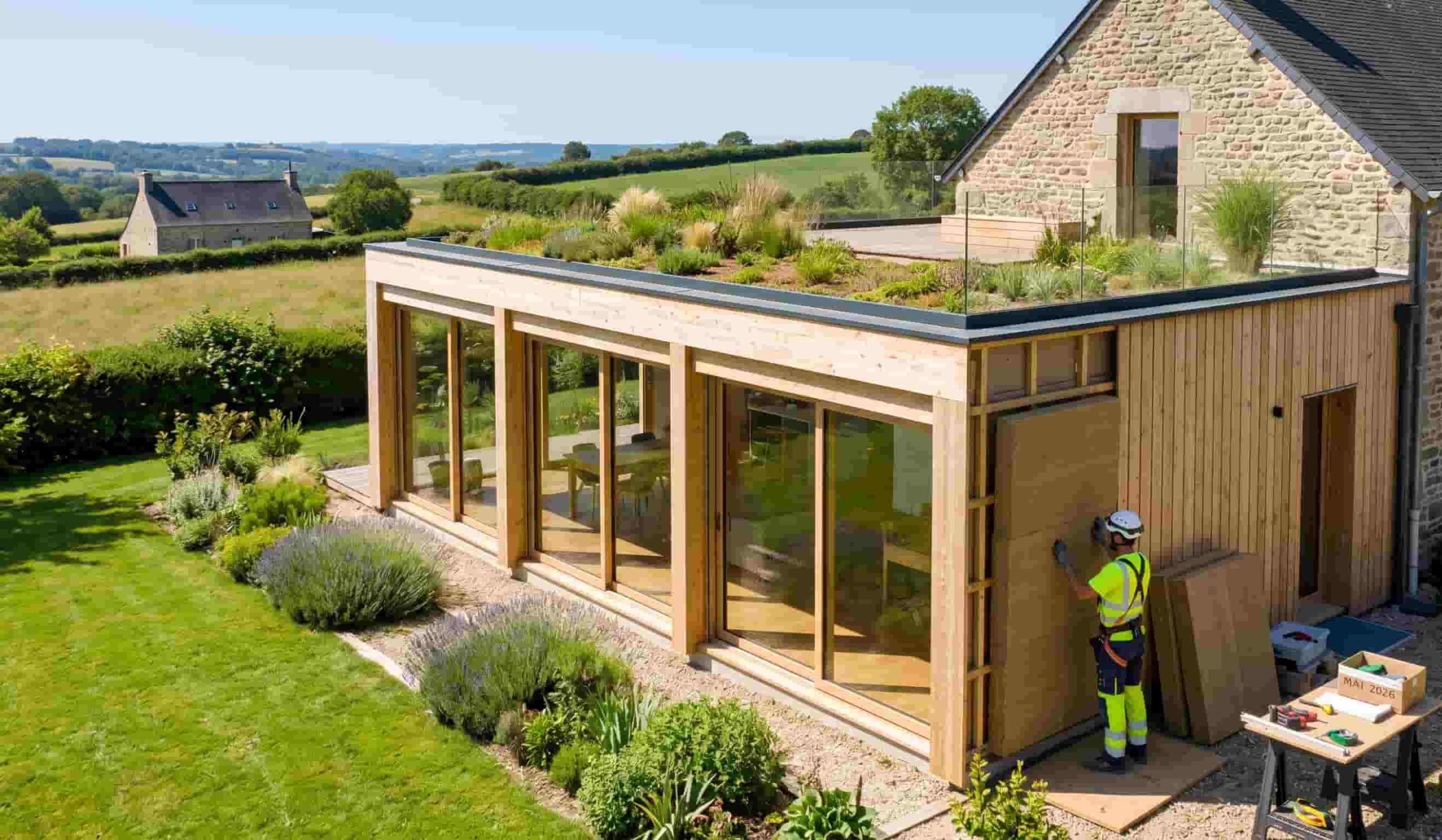 Extension de maison moderne de plus de 50 m² conçue selon les normes environnementales RE2020.