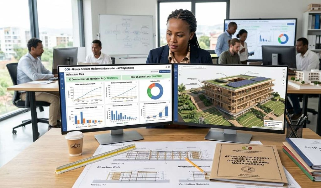 Ingénieur en bureau d'études thermiques simulant l'indicateur carbone IC Construction RE2020 pour un bâtiment tertiaire.