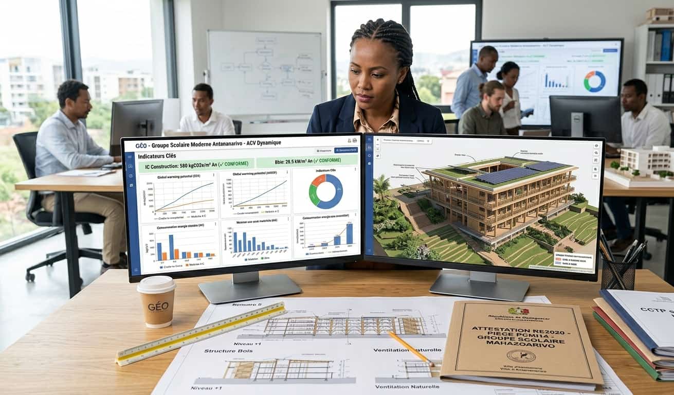 Ingénieur en bureau d'études thermiques simulant l'indicateur carbone IC Construction RE2020 pour un bâtiment tertiaire.