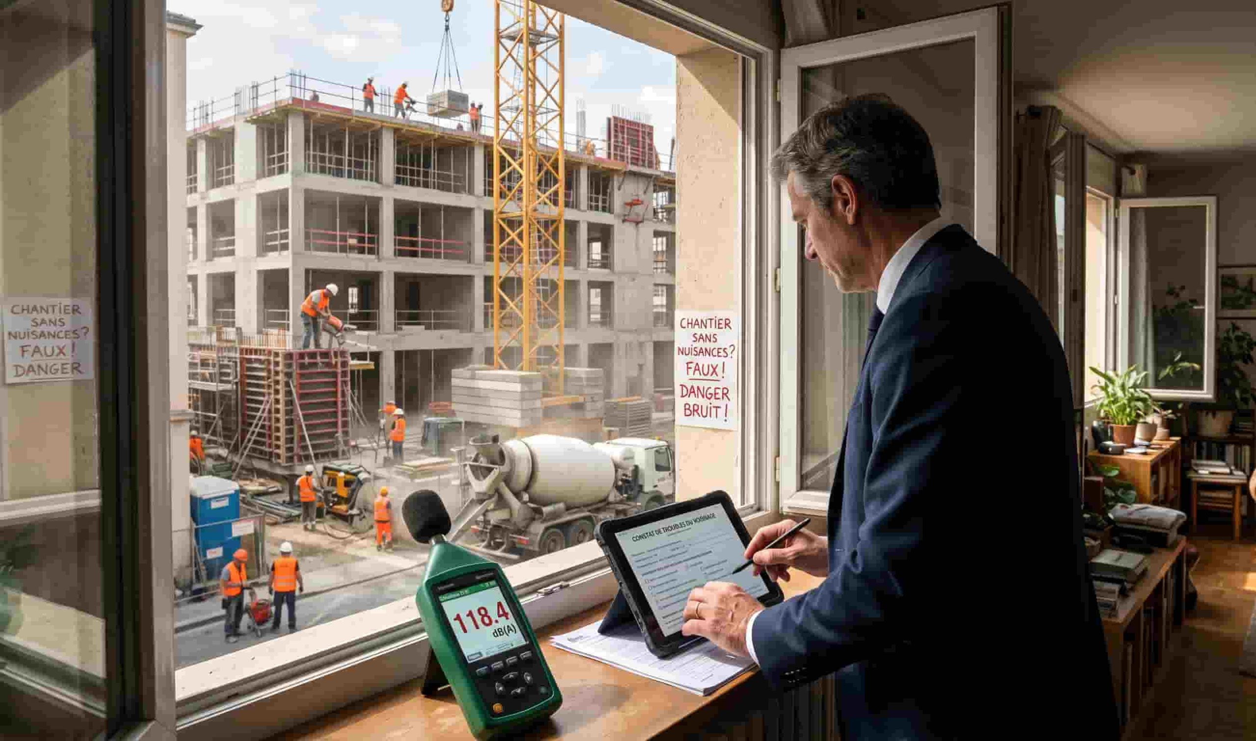 Constat d'huissier par sonomètre pour trouble anormal de voisinage sonore lié à un chantier de construction, illustrant la responsabilité de plein droit selon l'article 1253 du Code civil.
