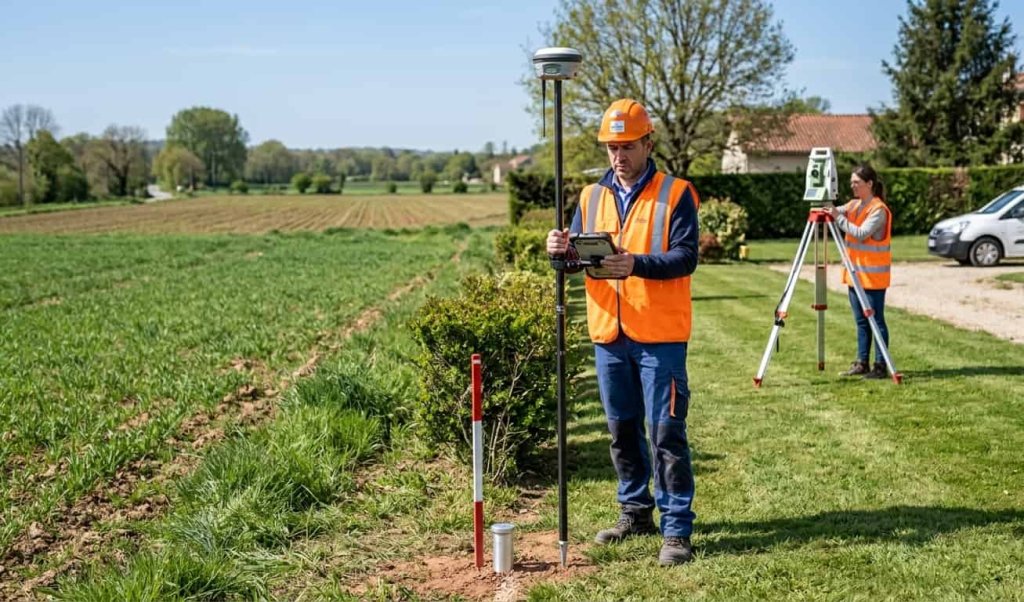Géomètre-expert utilisant un GPS différentiel et une station totale pour un relevé de bornage de terrain.