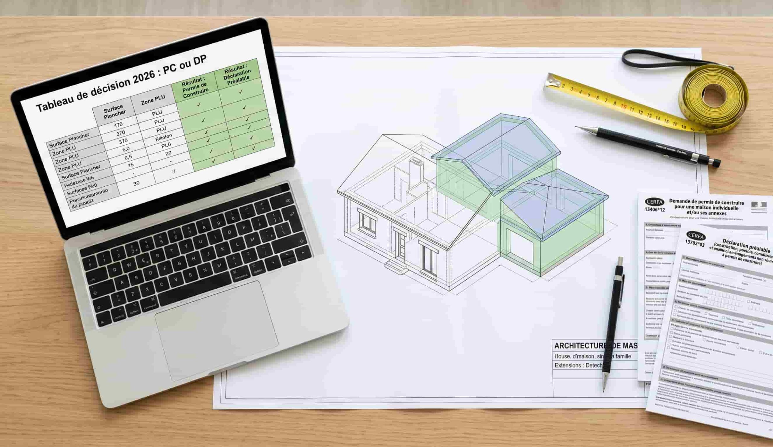 Choix entre permis de construire et déclaration préalable pour une extension de maison en 2026 selon la surface de plancher et l'emprise au sol.