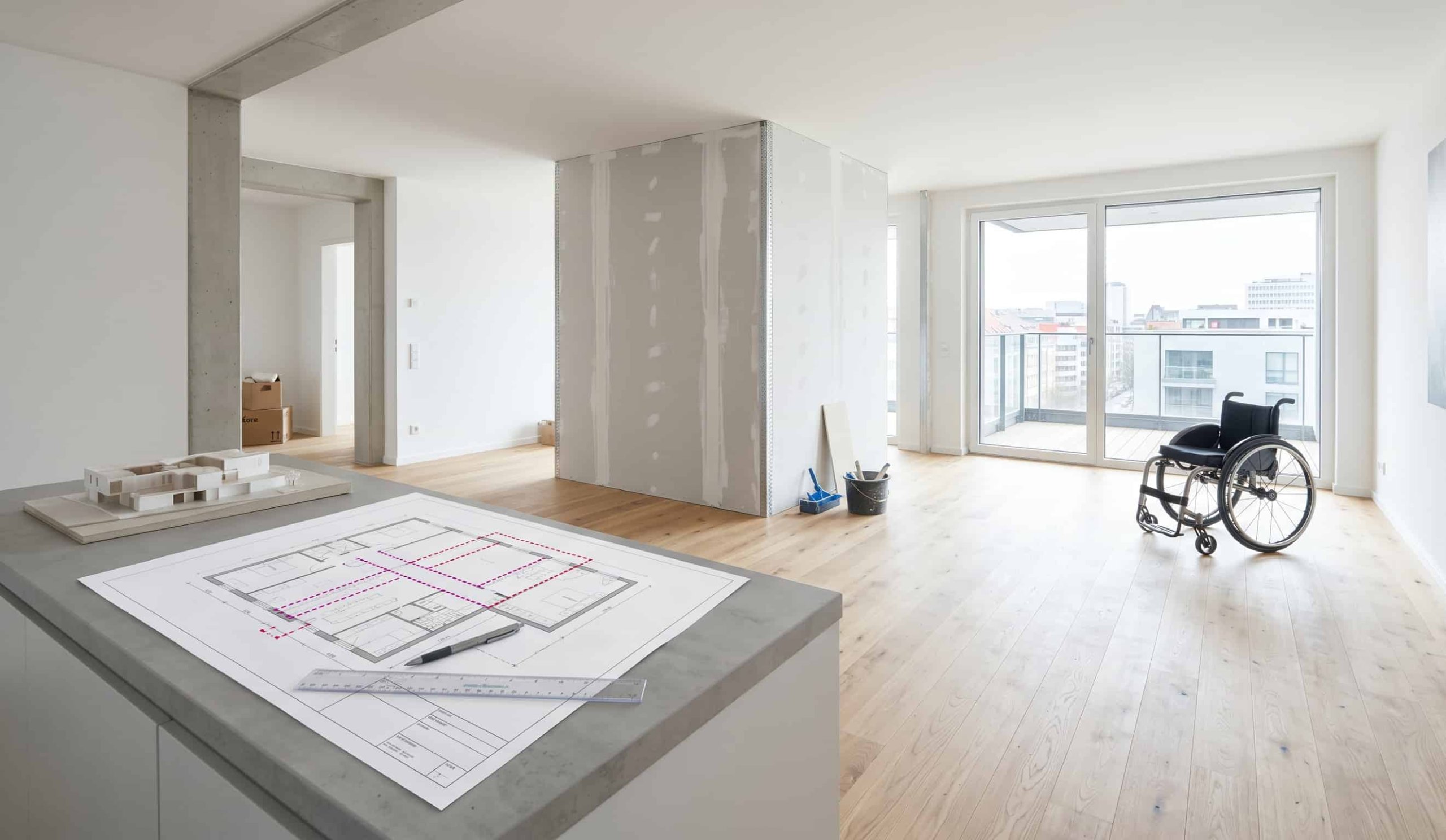 Logement évolutif neuf selon la loi ELAN et le CCH, montrant la transformabilité des cloisons pour une future accessibilité PMR.
