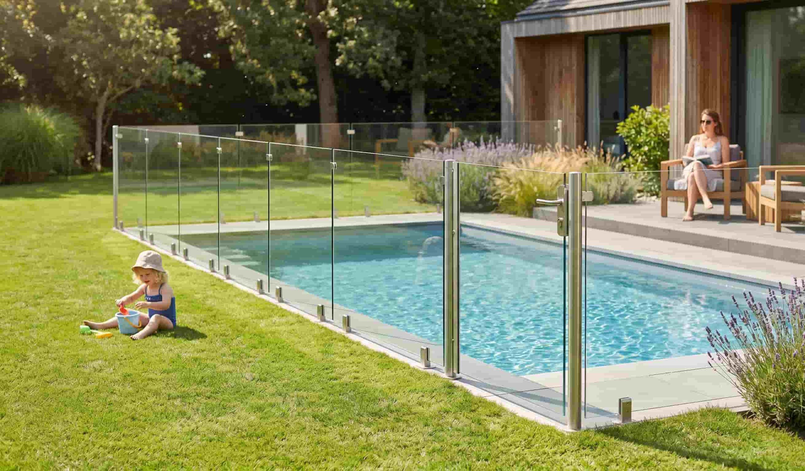 Barrière de sécurité normalisée NF P90-306 autour d'une piscine enterrée pour la protection des enfants.