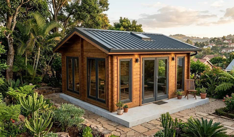 Chalet de jardin en bois Douglas de 20 m² avec menuiseries, soumis à permis de construire.