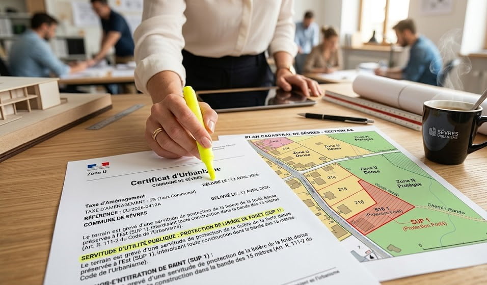 Analyse détaillée d'un certificat d'urbanisme (CU) sur un bureau avec un plan cadastral pour vérifier le zonage et les taxes.