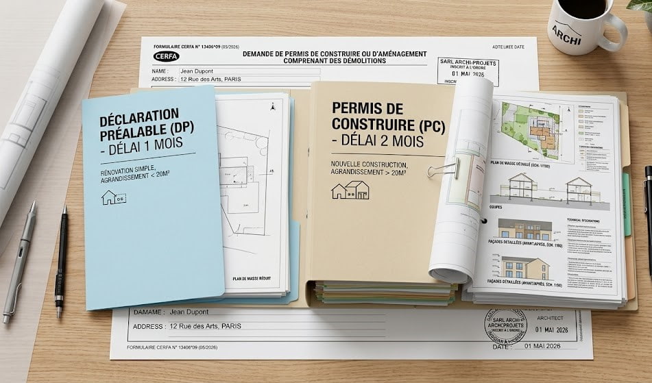 Comparaison entre un dossier de déclaration préalable et un dossier de permis de construire pour une maison individuelle.