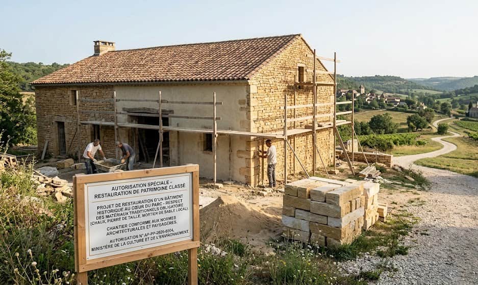 Restauration d'un bâtiment en site classé avec panneau d'autorisation spéciale conforme à l'article L341-10 du Code de l'environnement.