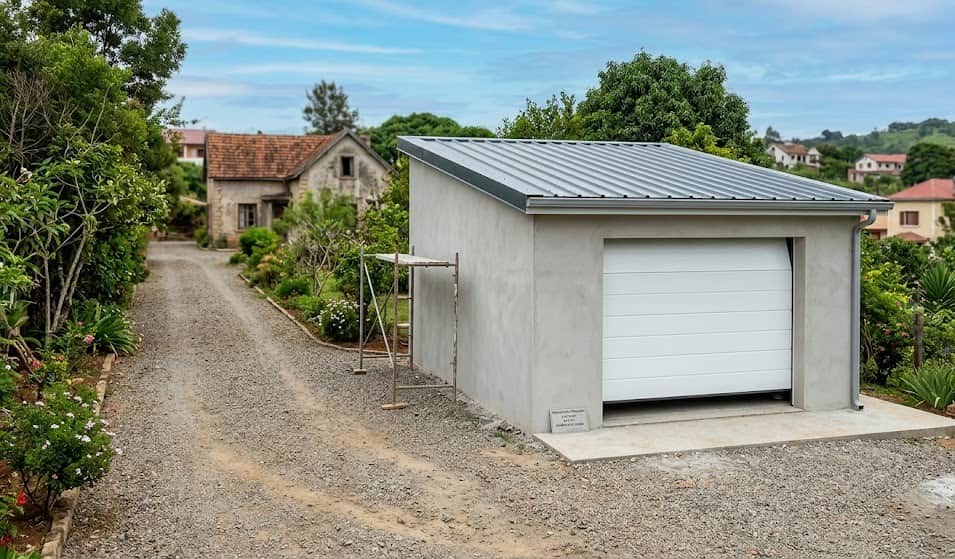 Construction d'un garage en parpaing de 20 m² avec porte sectionnelle et toit monopente.