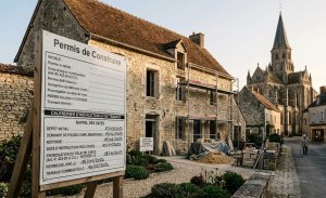 Panneau de permis de construire devant une maison ancienne en zone ABF montrant l'allongement des délais d'instruction pour protection du patrimoine.