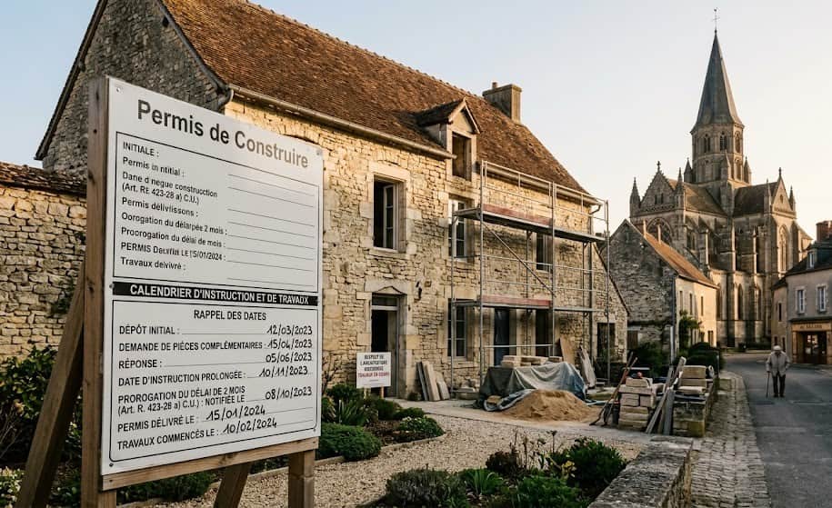 Panneau de permis de construire devant une maison ancienne en zone ABF montrant l'allongement des délais d'instruction pour protection du patrimoine.