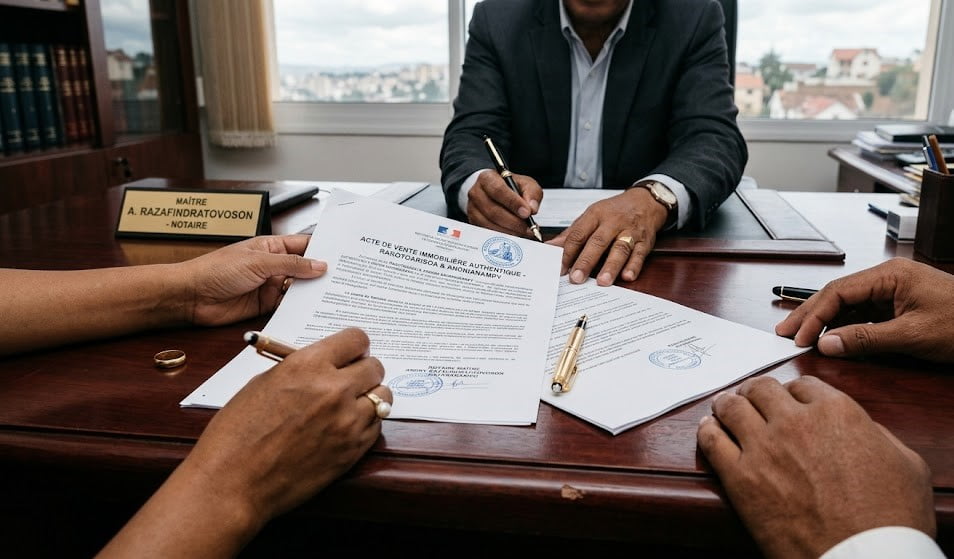 Signature d'un acte authentique de vente immobilière chez le notaire après une séparation de couple.