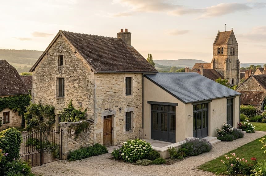 Extension de maison en zone ABF respectant l'intégration architecturale et les matériaux traditionnels à proximité d'un monument historique.