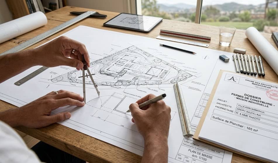 Architecte travaillant sur les plans d'un permis de construire pour une maison dépassant le seuil de 150 m².