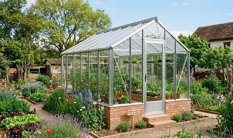 Serre de jardin en verre de 2,50 m de haut, soumise à déclaration préalable de travaux.