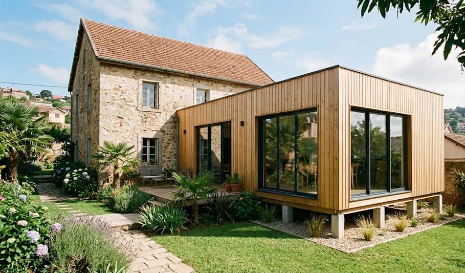 Extension de maison contemporaine en ossature bois avec grandes baies vitrées et bardage clair.