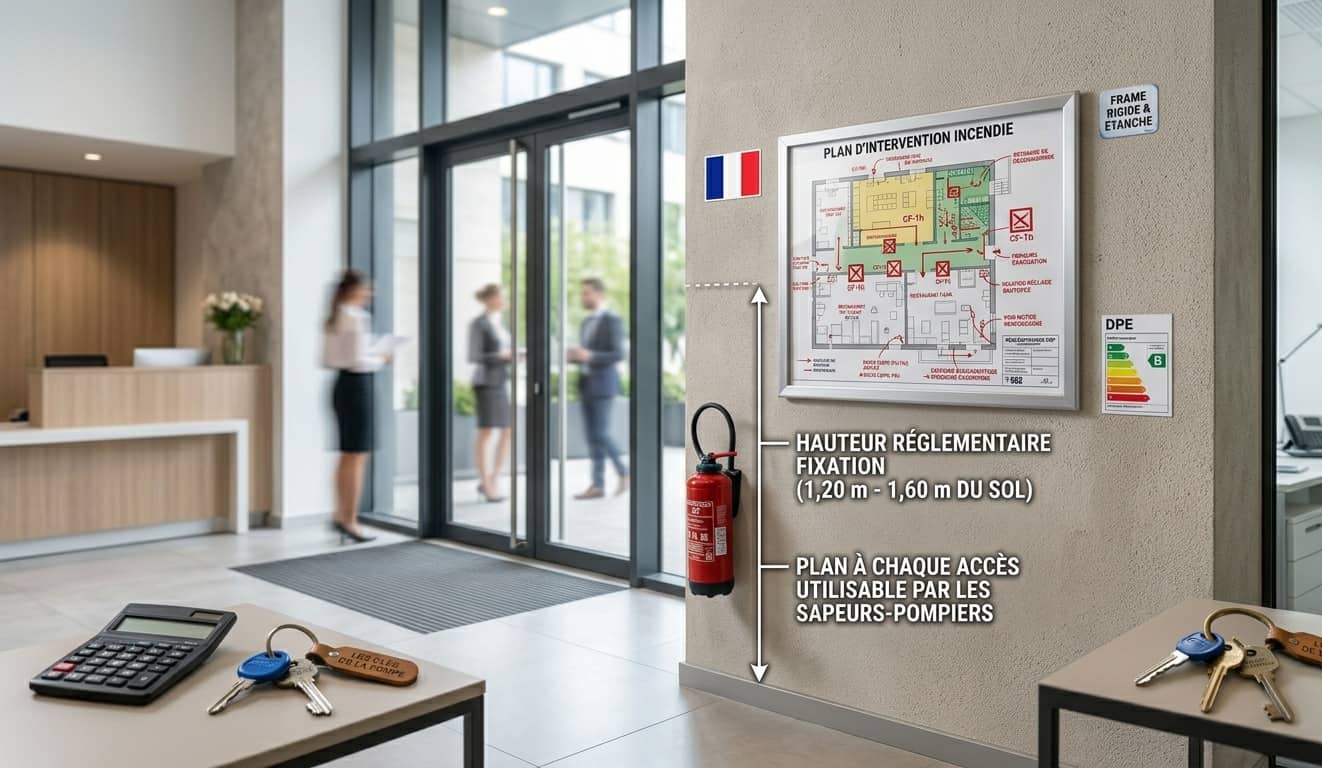 Emplacement réglementaire du plan d'intervention à l'entrée d'un établissement recevant du public.