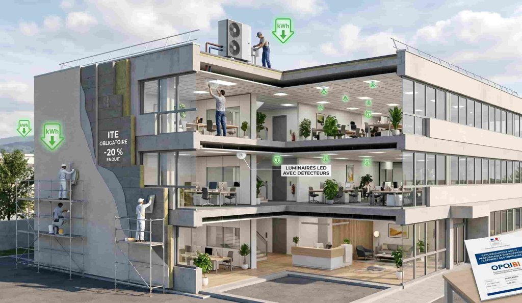 Bouquet de travaux de rénovation énergétique pour bâtiment tertiaire : isolation, PAC et éclairage LED.