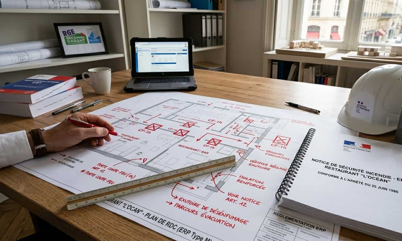 Élaboration d'une notice de sécurité incendie pour un ERP avec plans techniques de compartimentage et de désenfumage.