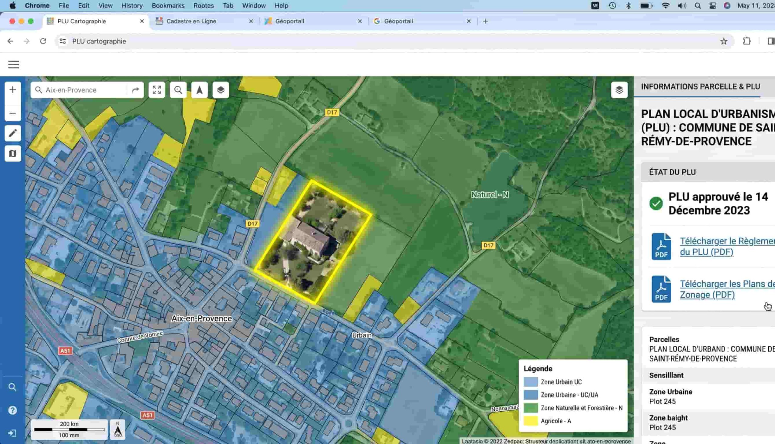 Interface de consultation du Géoportail de l'urbanisme affichant le zonage PLU d'une parcelle cadastrale.