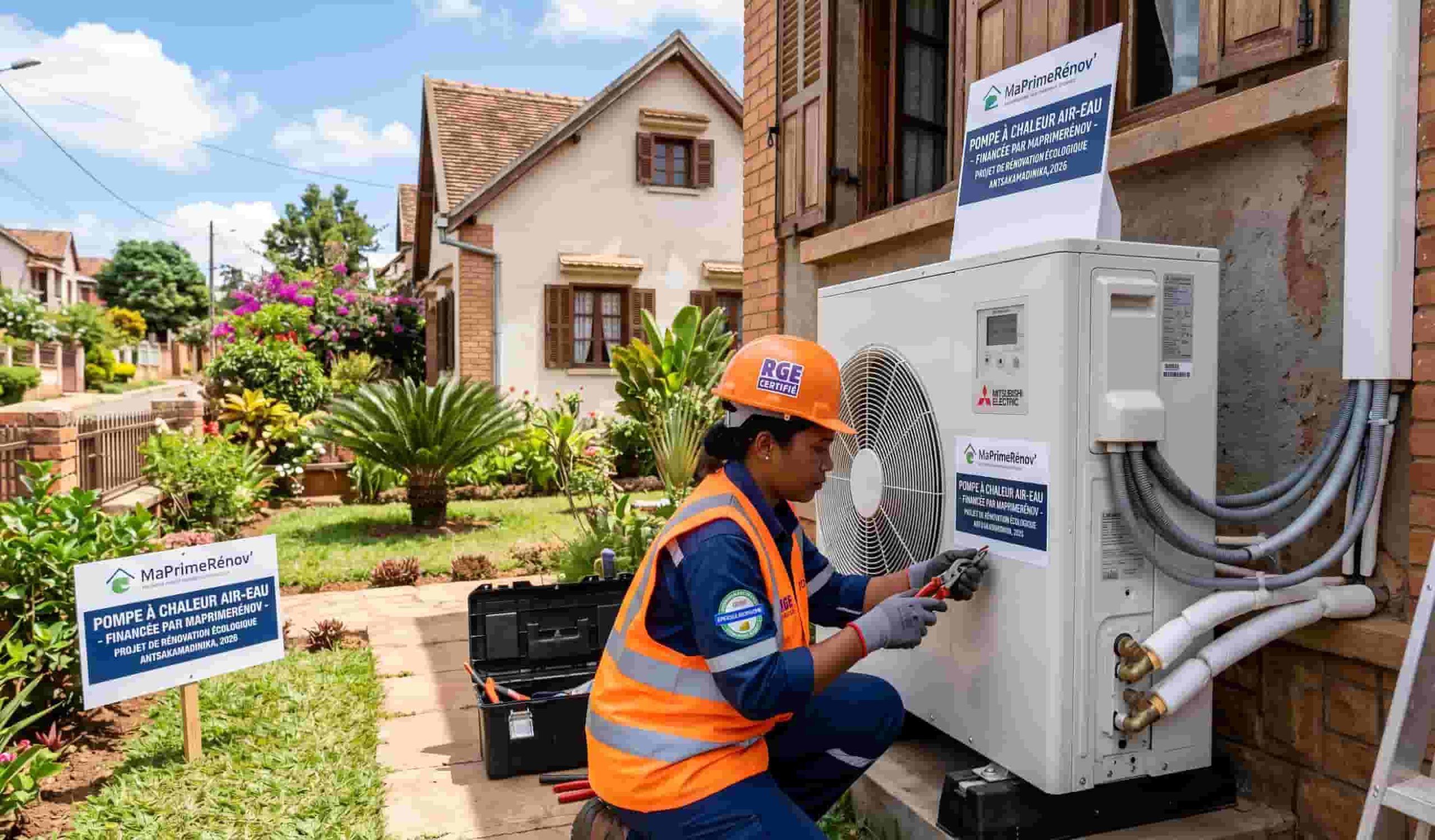 Installation d'une pompe à chaleur air-eau éligible à MaPrimeRénov' parcours par geste en 2026.