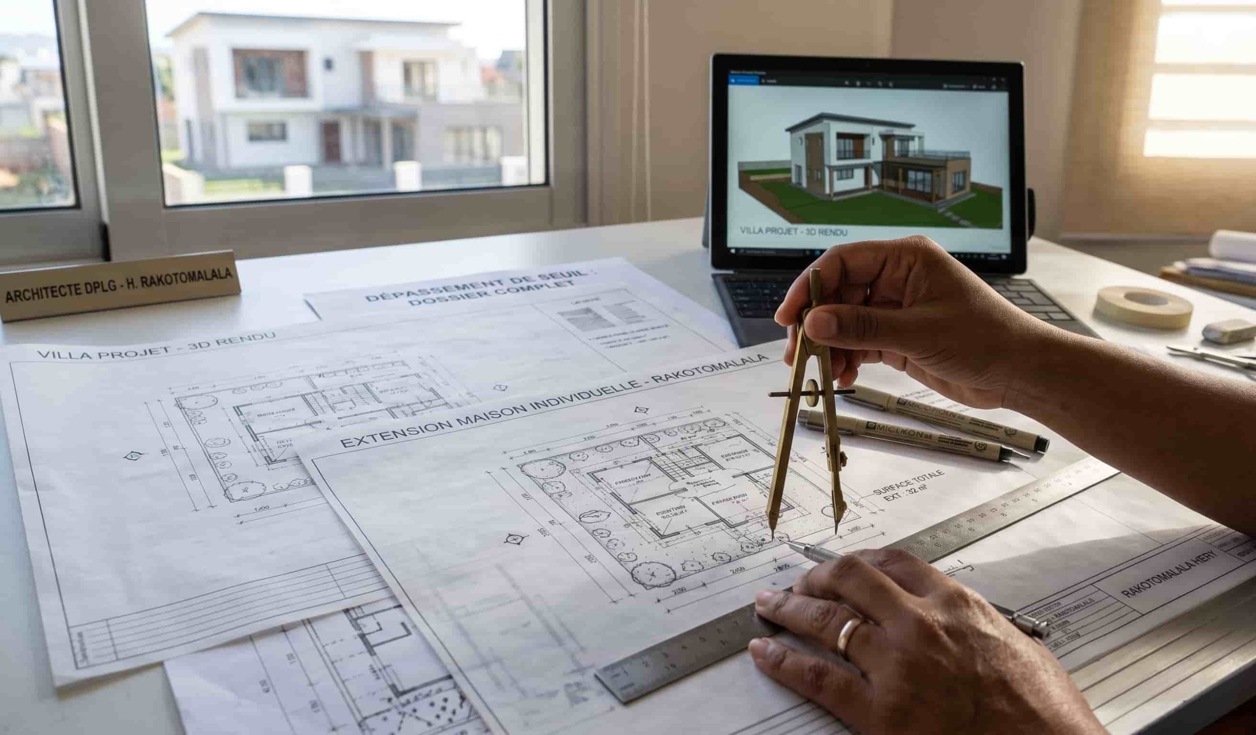 Architecte élaborant les plans d'un permis de construire pour une maison dépassant le seuil de 150 m².